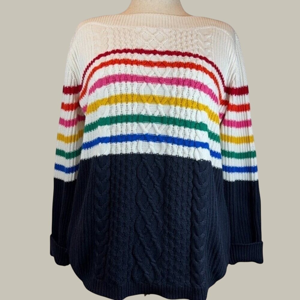 Tommy Hilfiger Women's L Fisherman Cable Knit Sweater Boatneck Rainbow Stripe